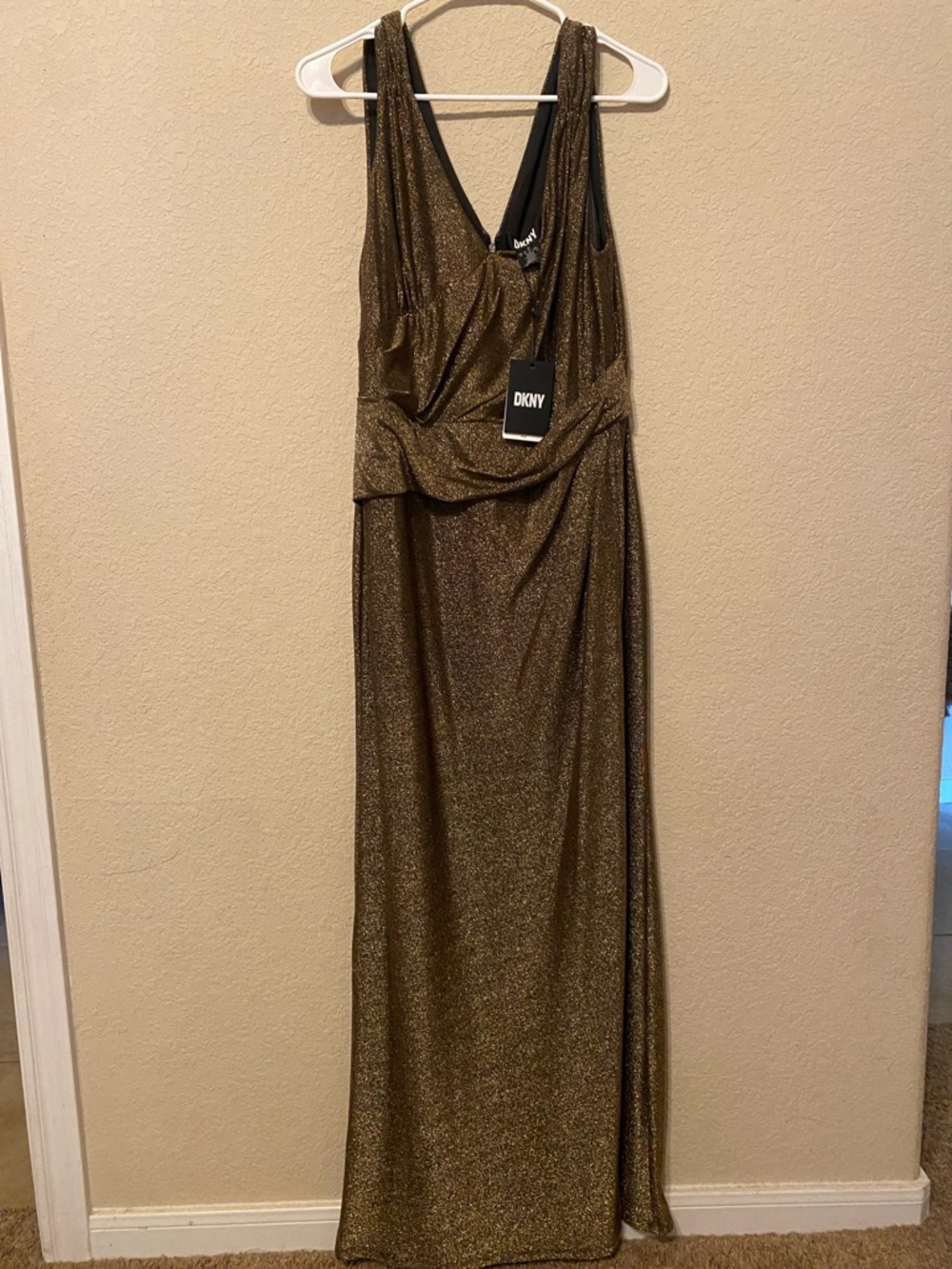 DKNY Metallic Gold Maxi Dress with V-Neck